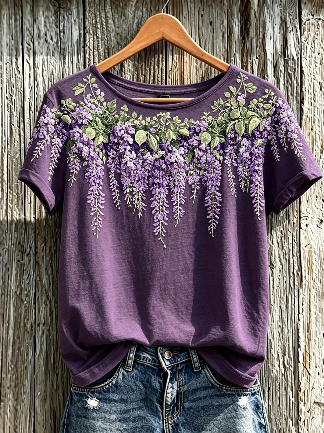 Paarse plant bloemenpatroon voor dames, casual T-shirt met korte mouwen