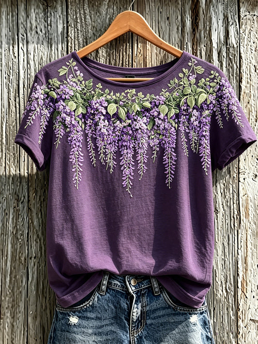 Paarse plant bloemenpatroon voor dames, casual T-shirt met korte mouwen