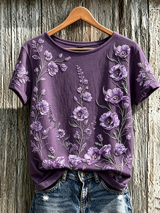 Paars t-shirt voor dames met planten- en bloemenpatroon, casual, korte mouwen