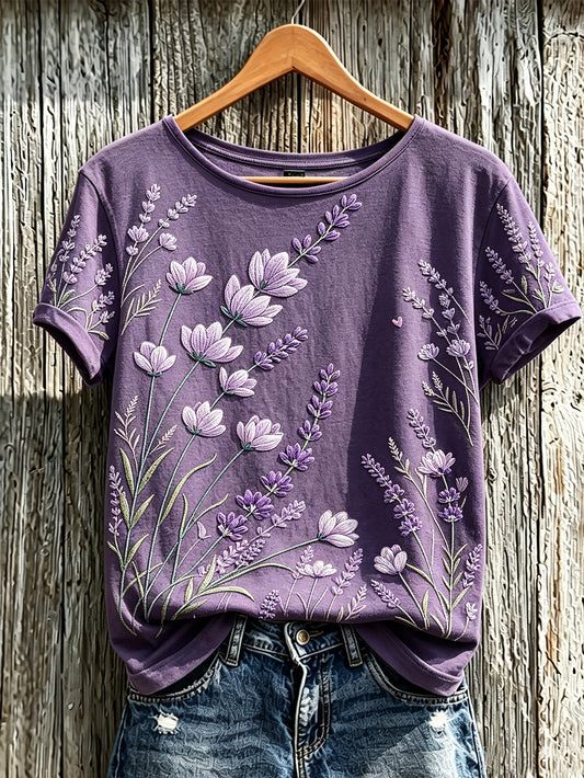 Paars t-shirt voor dames met planten- en bloemenpatroon, casual, korte mouwen