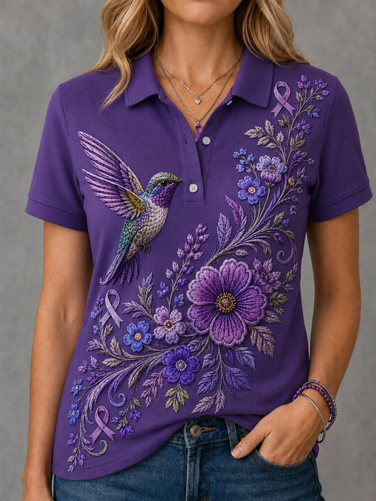 Paarse bloemen-en kolibrieprint voor dames Alzheimer-bewustzijn voor polo
