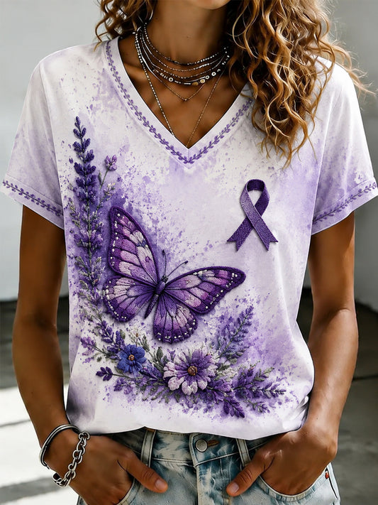 Paars dames-T-shirt met Flora-kunstprint en V-hals