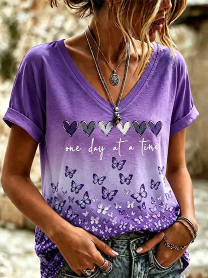 Dames-T-shirt met V-hals en print ter bewustwording van de ziekte van Alzheimer