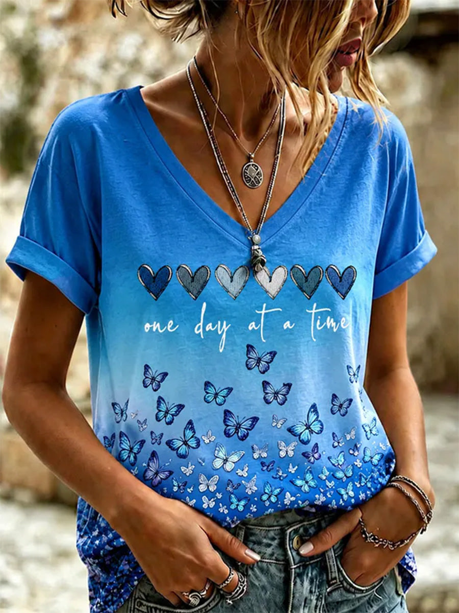 Dames-T-shirt met V-hals en print ter bewustwording van de ziekte van Alzheimer