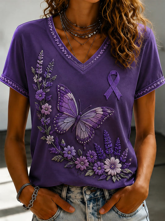 Paars dames-T-shirt met Flora-kunstprint en V-hals