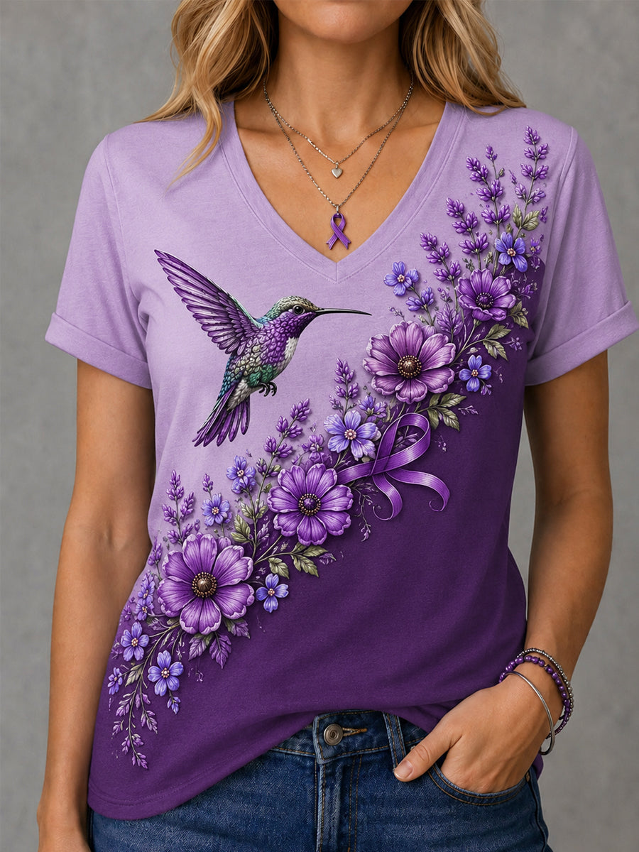 Paarse bloemen-en kolibrieprint voor dames Alzheimer-bewustzijn ondersteunt V-hals-T-shirt