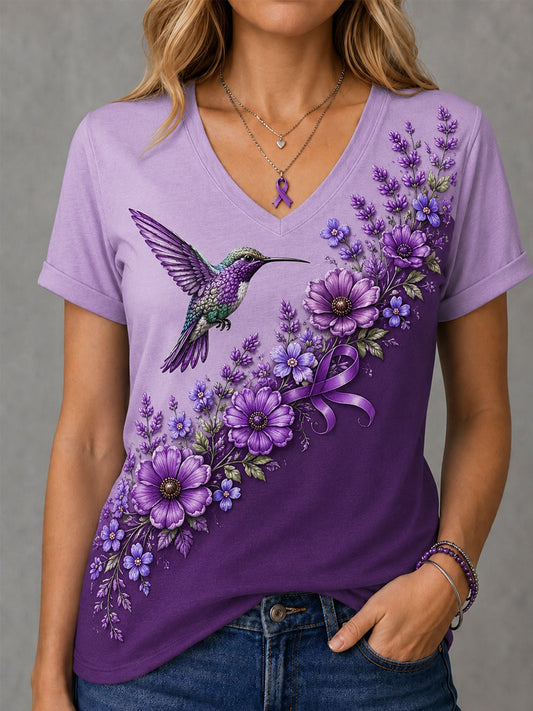 Paarse bloemen-en kolibrieprint voor dames Alzheimer-bewustzijn ondersteunt V-hals-T-shirt