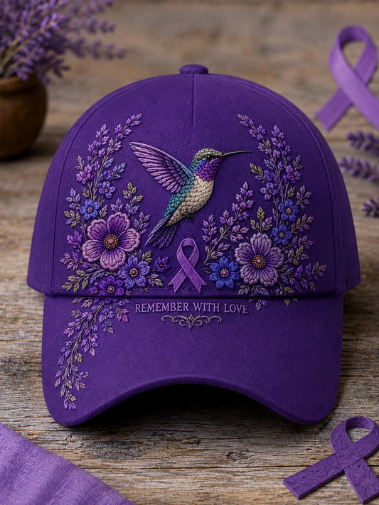 Uniseks pet met paarse bloemen- en kolibrieprint ter ondersteuning van het bewustzijn rond Alzheimer
