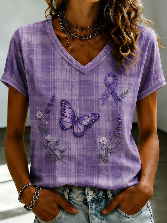 Paars dames-T-shirt met Flora-kunstprint en V-hals
