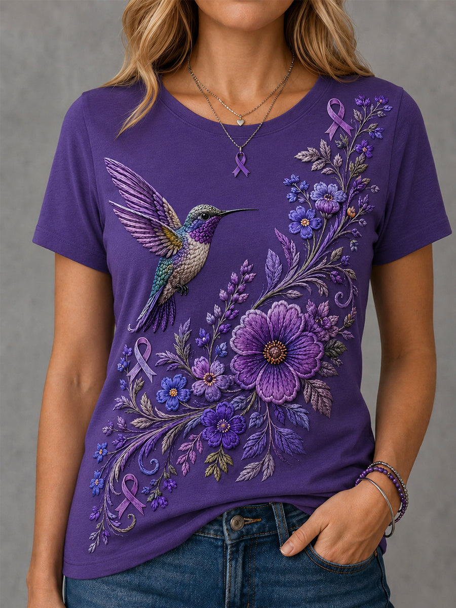 Paarse bloemen-en kolibrieprint voor dames Alzheimer-bewustzijn Ondersteuning voor tee