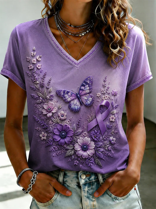 Paars T-shirt met print en V-hals voor dames