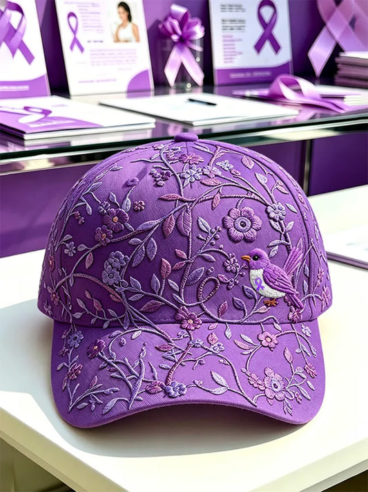 Uniseks pet met paarse bloemen- en kolibrieprint ter ondersteuning van het bewustzijn rond Alzheimer