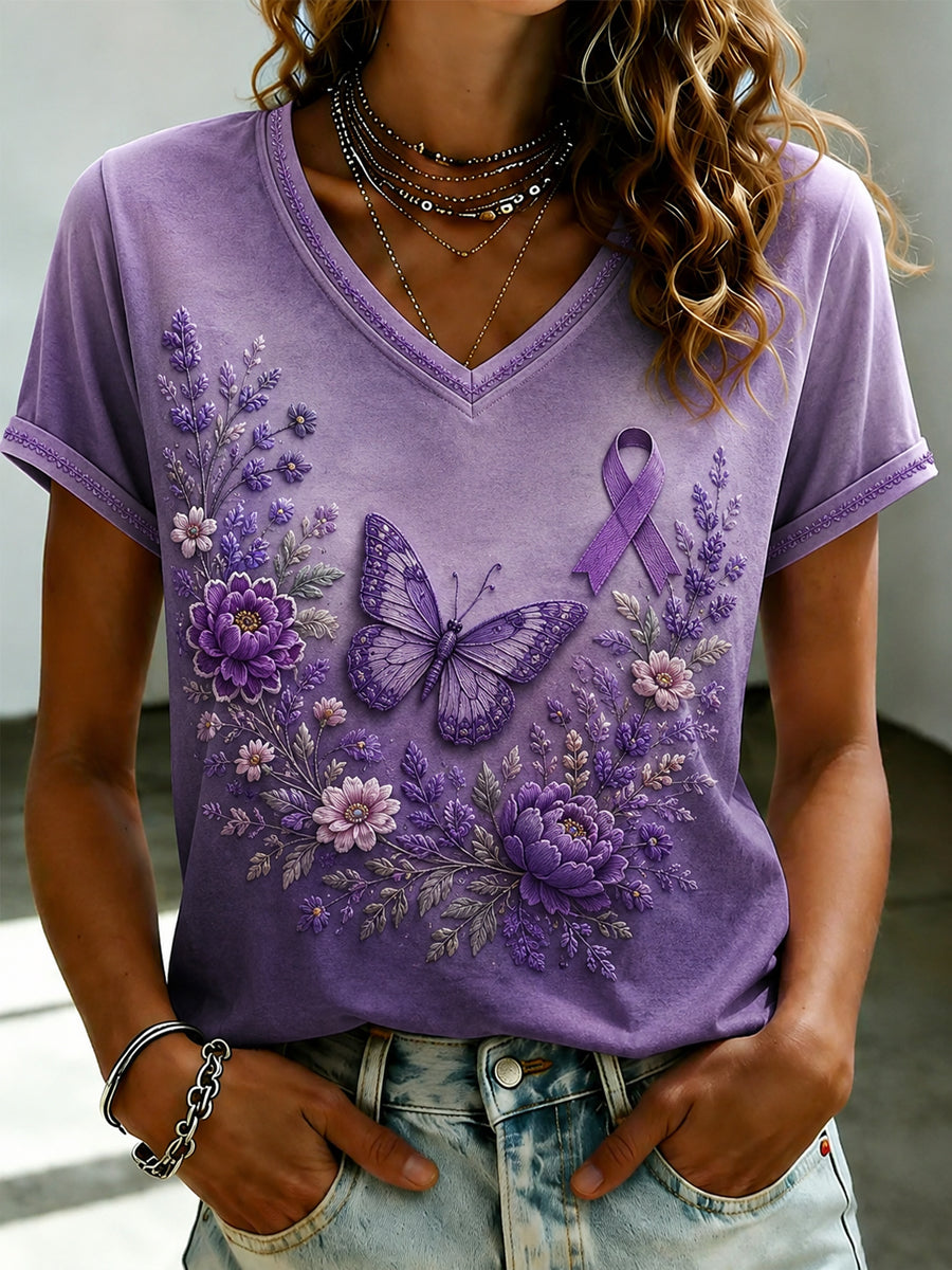 Paars dames-T-shirt met Flora-kunstprint en V-hals