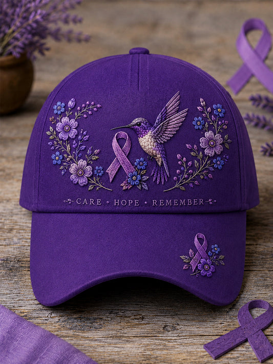 Uniseks pet met paarse bloemen- en kolibrieprint ter ondersteuning van het bewustzijn rond Alzheimer