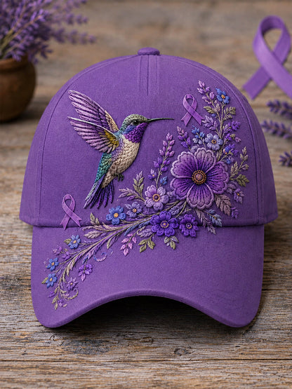 Unisex Paarse bloemen-en kolibrieprint Alzheimer-bewustmakingshoed