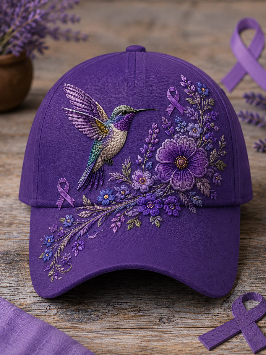 Unisex Paarse bloemen-en kolibrieprint Alzheimer-bewustmakingshoed