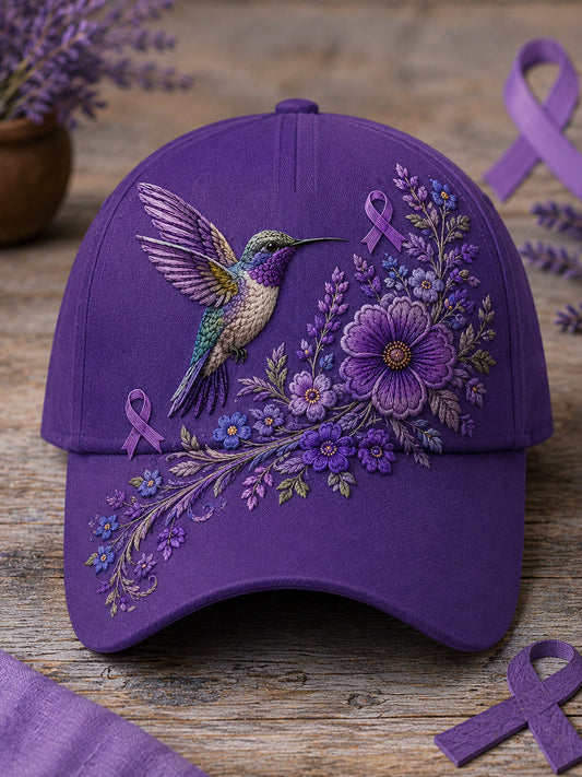 Unisex Paarse bloemen-en kolibrieprint Alzheimer-bewustmakingshoed