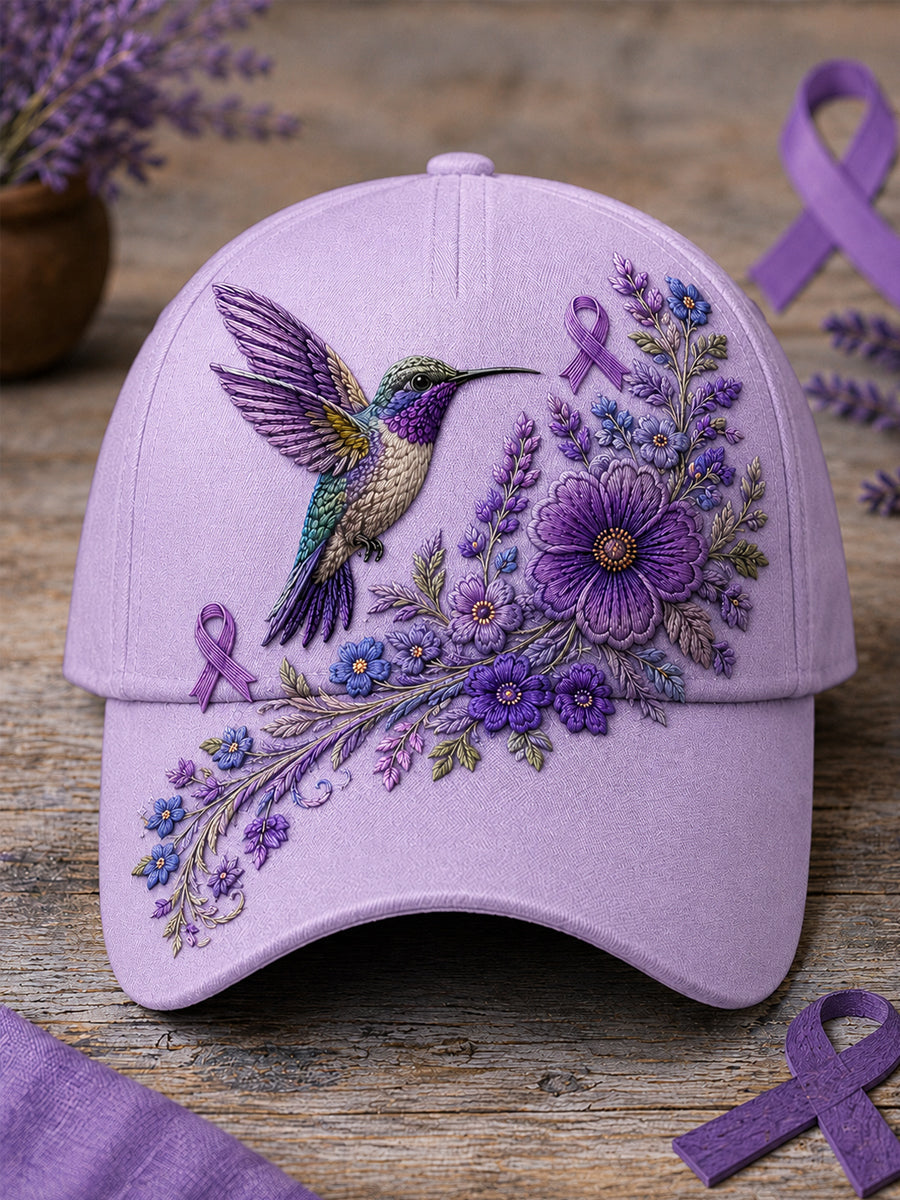 Unisex Paarse bloemen-en kolibrieprint Alzheimer-bewustmakingshoed