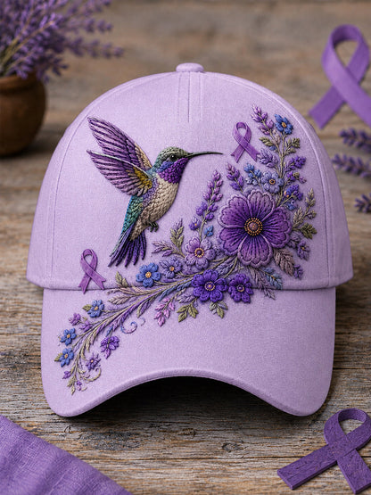 Unisex Paarse bloemen-en kolibrieprint Alzheimer-bewustmakingshoed
