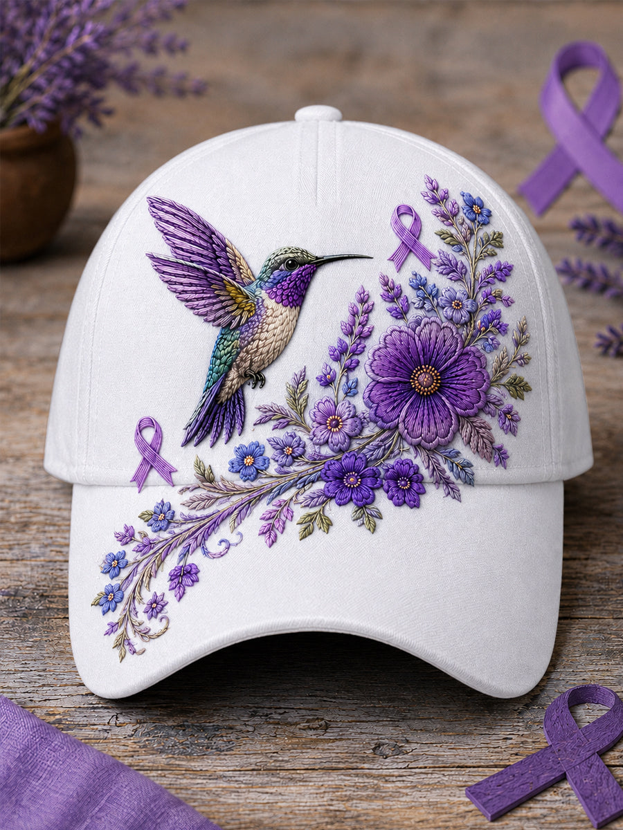 Unisex Paarse bloemen-en kolibrieprint Alzheimer-bewustmakingshoed