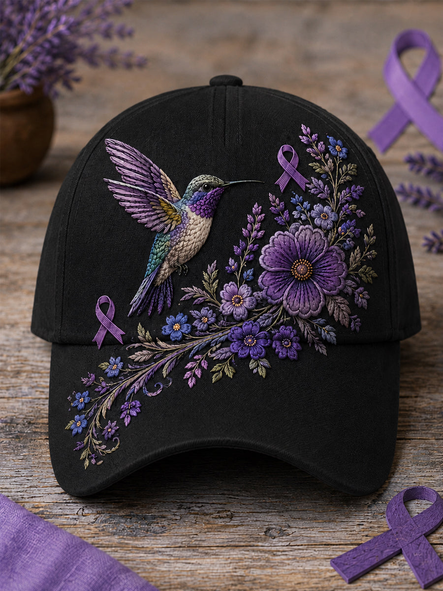 Unisex Paarse bloemen-en kolibrieprint Alzheimer-bewustmakingshoed