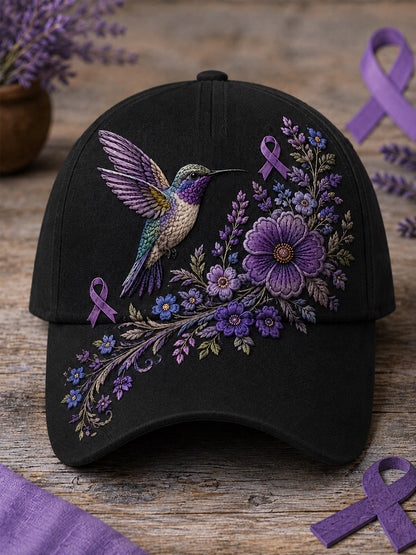 Unisex Paarse bloemen-en kolibrieprint Alzheimer-bewustmakingshoed