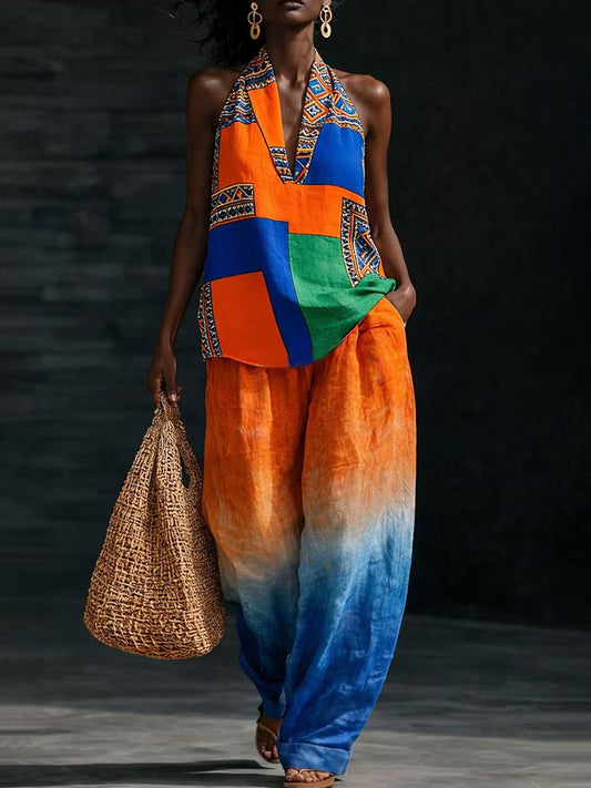 Katoenen linnen set met Afrikaanse kunst voor dames