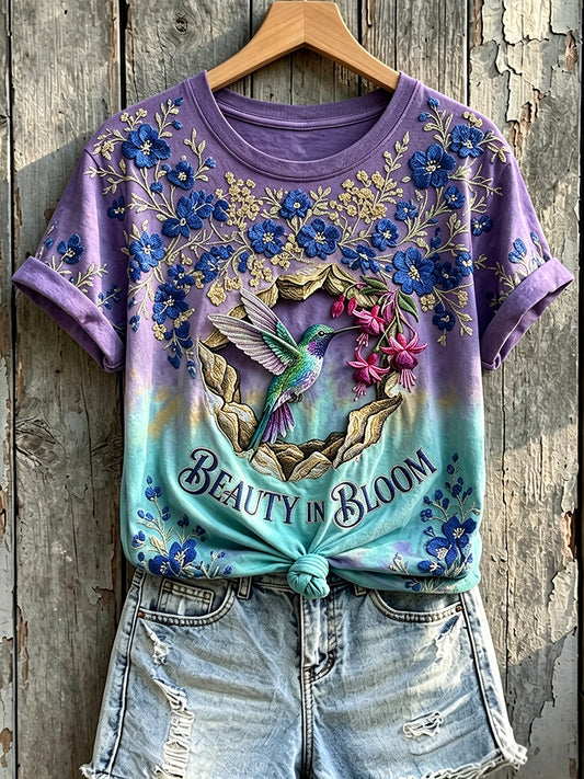 Vrouwen Schoonheid In Bloom Kolibrie Bloemenprint T-shirt met korte mouwen