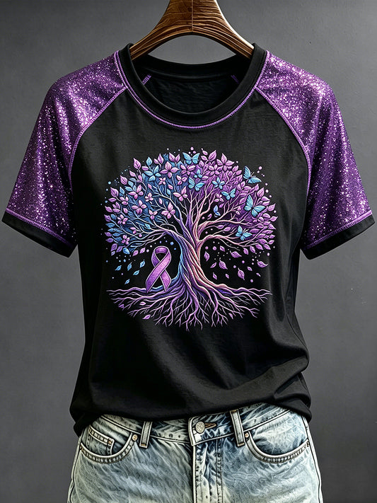 Paarse lintboom glitter met ronde hals en korte mouwen voor dames T-shirt met ronde hals