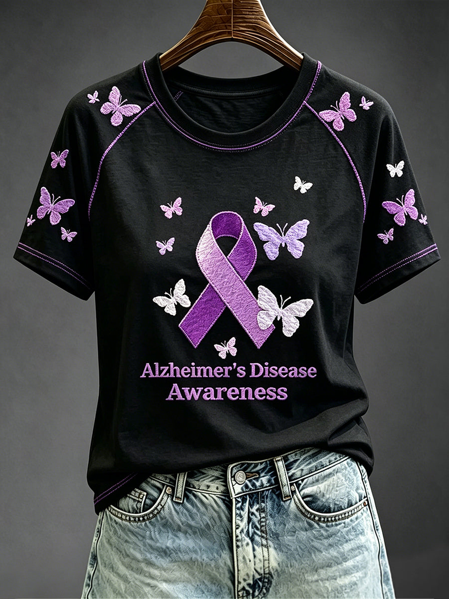 Paarse Ribbon Awareness Print met contrastmouw T-shirt met ronde hals