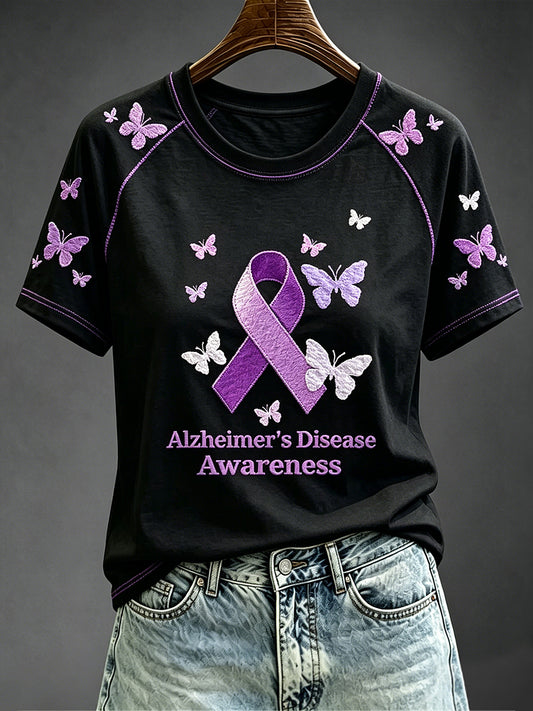 Paarse Ribbon Awareness Print met contrastmouw T-shirt met ronde hals