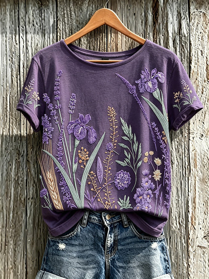 Paars T-shirt voor dames met een print van planten en bloemen, in casual stijl