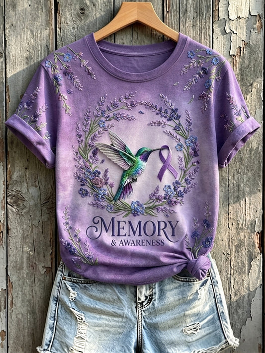 Dames Geheugen & Bewustzijn Paars Lint Kolibrie Print T-shirt met korte mouwen