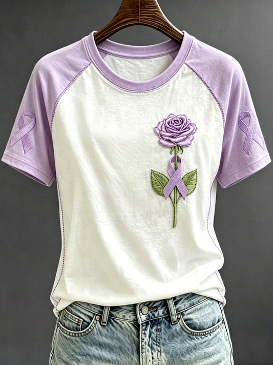 Paarse lintprint met contrastmouw en ronde hals T-shirt voor dames