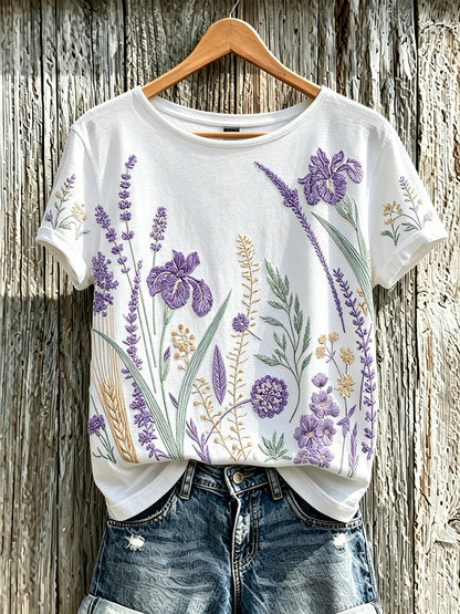 Paars T-shirt voor dames met een print van planten en bloemen, in casual stijl