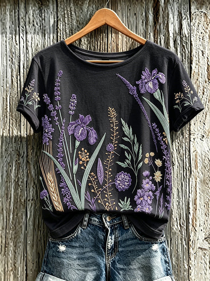 Paars T-shirt voor dames met een print van planten en bloemen, in casual stijl