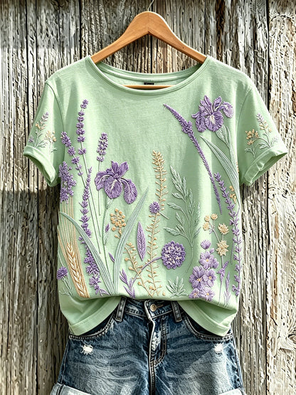 Paars T-shirt voor dames met een print van planten en bloemen, in casual stijl