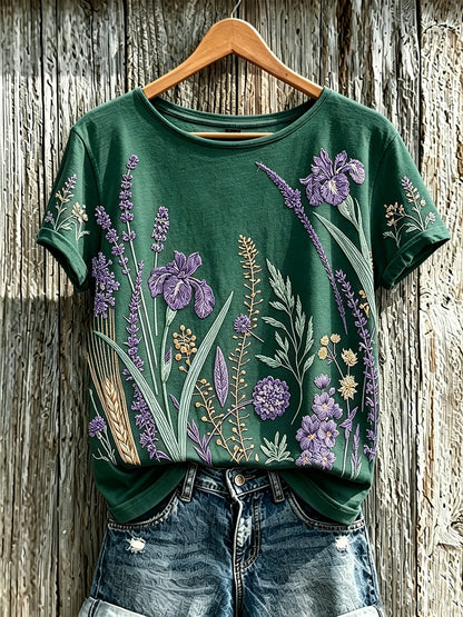 Paars T-shirt voor dames met een print van planten en bloemen, in casual stijl