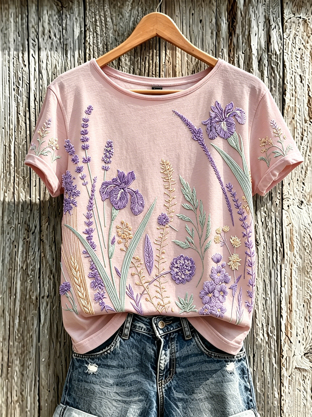 Paars T-shirt voor dames met een print van planten en bloemen, in casual stijl