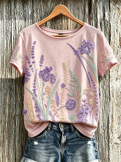Paars T-shirt voor dames met een print van planten en bloemen, in casual stijl