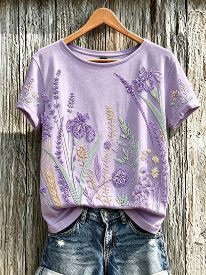 Paars T-shirt voor dames met een print van planten en bloemen, in casual stijl