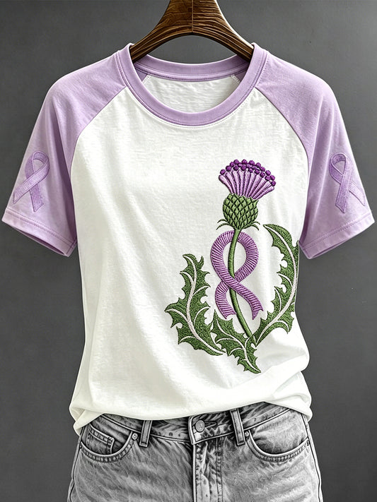 Paars lint voor dames Schotse distelprint T-shirt met contrastmouw en ronde hals