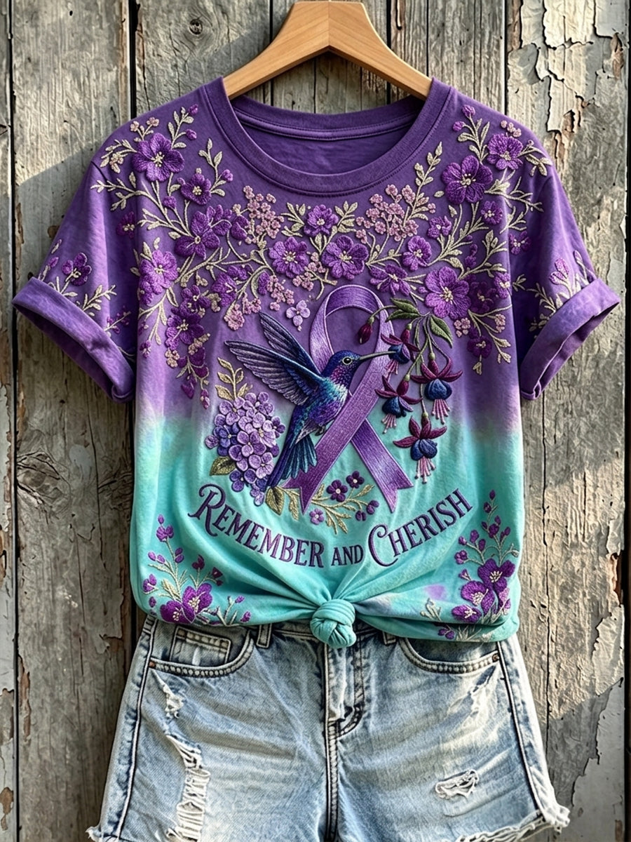 Dames onthouden en koesteren paars lint kolibrie met korte mouwen T-shirt