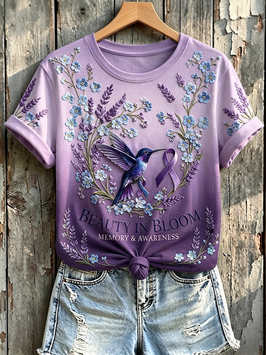 Paars lint-hommelprint T-shirt met korte mouwen voor vrouwen, ter herinnering en bewustwording