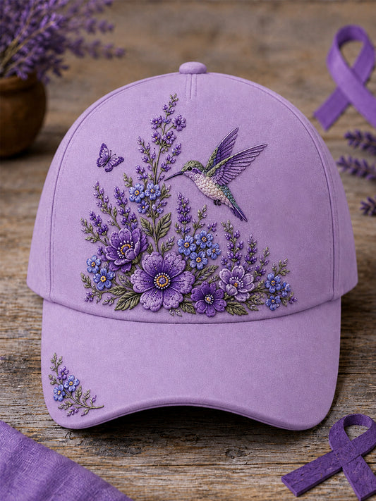 Uniseks pet met paarse bloemen- en kolibrieprint ter ondersteuning van het bewustzijn rond Alzheimer