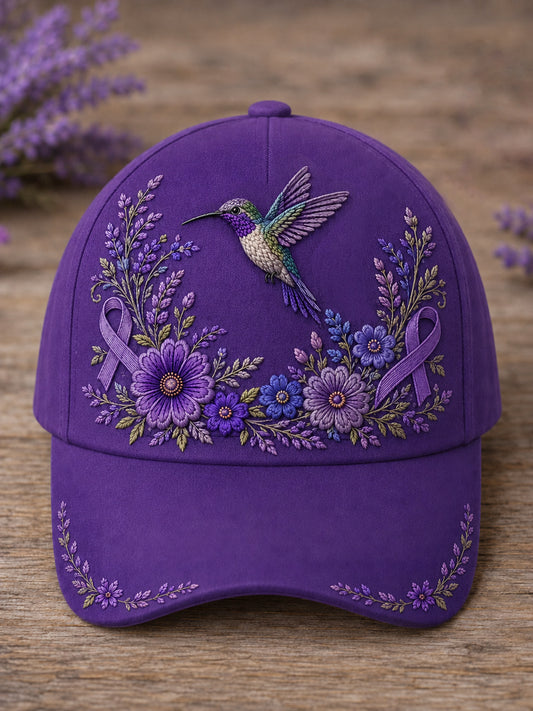 Uniseks pet met paarse bloemen- en kolibrieprint ter ondersteuning van het bewustzijn rond Alzheimer