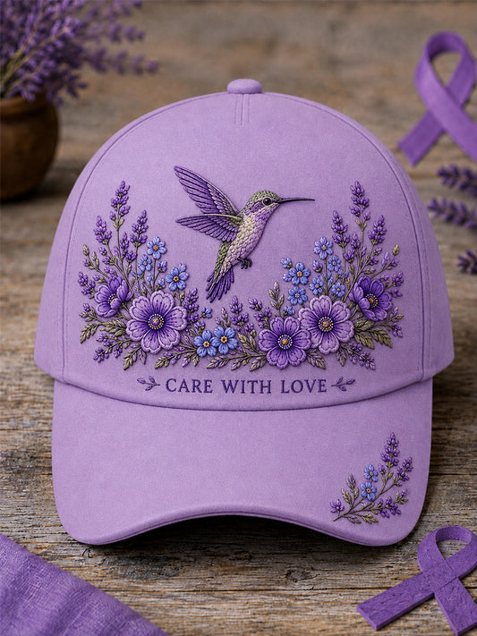 Uniseks pet met paarse bloemen- en kolibrieprint ter ondersteuning van het bewustzijn rond Alzheimer