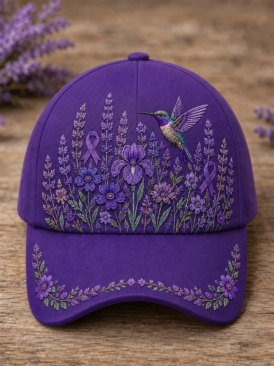 Uniseks pet met paarse bloemen- en kolibrieprint ter ondersteuning van het bewustzijn rond Alzheimer
