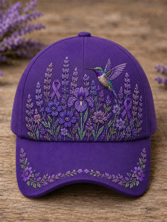 Uniseks pet met paarse bloemen- en kolibrieprint ter ondersteuning van het bewustzijn rond Alzheimer
