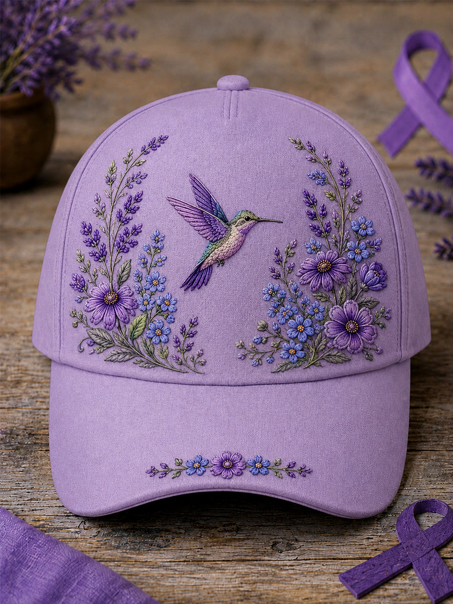 Uniseks pet met paarse bloemen- en kolibrieprint ter ondersteuning van het bewustzijn rond Alzheimer